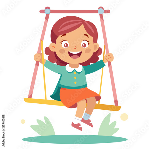 A joyful girl with brown hair swings happily in a park. She shows surprise and excitement as she plays outside surrounded by green grass and colorful elements