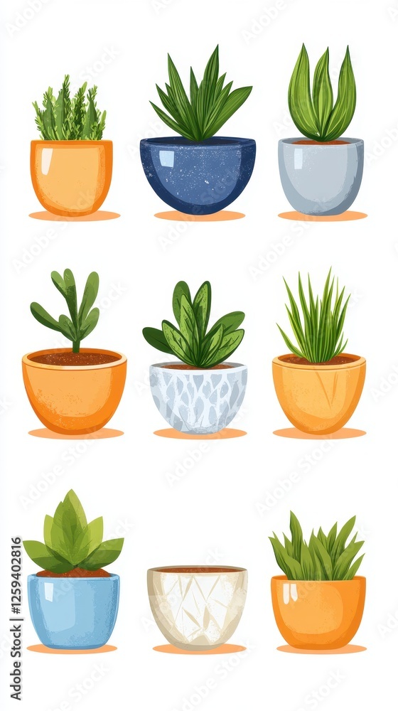 Fototapeta premium A collection of various potted plants in colorful pots, showcasing indoor greenery.