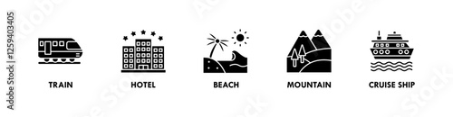Travel and Holiday banner web icon illustration concept with icon of train, hotel, beach, mountain, and cruise ship