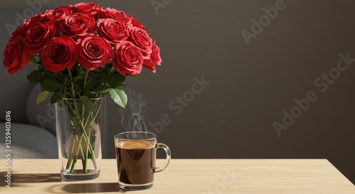 Wallpaper Mural Romantic setup with vibrant red roses and steaming dark brewed coffee Torontodigital.ca