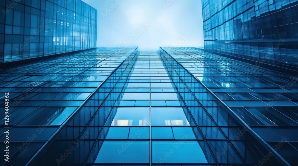 Fototapeta premium Cityscape, glass skyscrapers, urban, low angle, blue sky, business, modern architecture, corporate, background, success