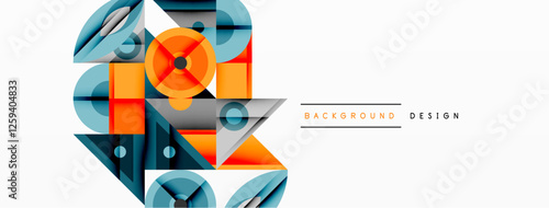 Geometric abstract composition with intersecting shapes, circles, triangles, and gradients, blending vibrant colors and dynamic contrasts to create a modern, futuristic visual design