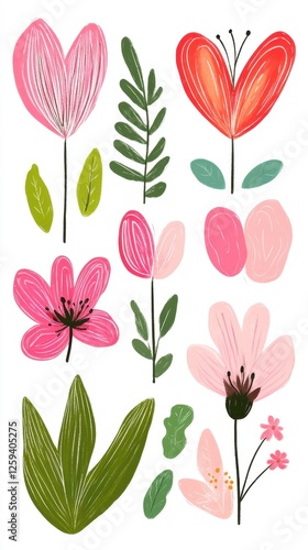 Wallpaper Mural A colorful illustration of various flowers and leaves in a whimsical style. Torontodigital.ca