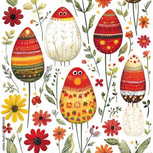 A colorful pattern featuring decorated eggs and flowers, evoking a festive atmosphere.