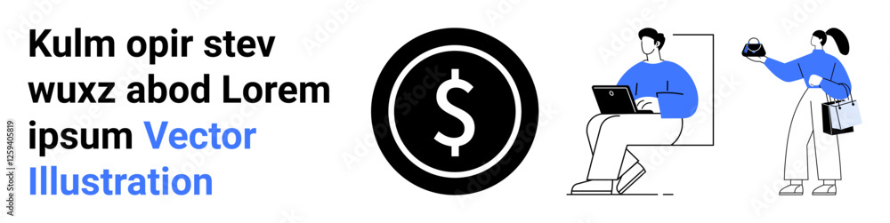 Large dollar symbol as focus, paired with man using laptop and figure presenting idea or solution. Ideal for finance, technology, teamwork, service, economy, app design, flat landing page banner Large dollar symbol as focus, paired with man using laptop and figure presenting idea or solution. Ideal for finance, technology, teamwork, service, economy, app design, flat landing page banner