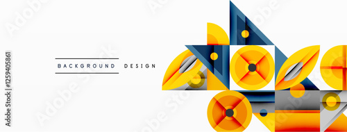 Geometric abstract composition with intersecting shapes, circles, triangles, and gradients, blending vibrant colors and dynamic contrasts to create a modern, futuristic visual design