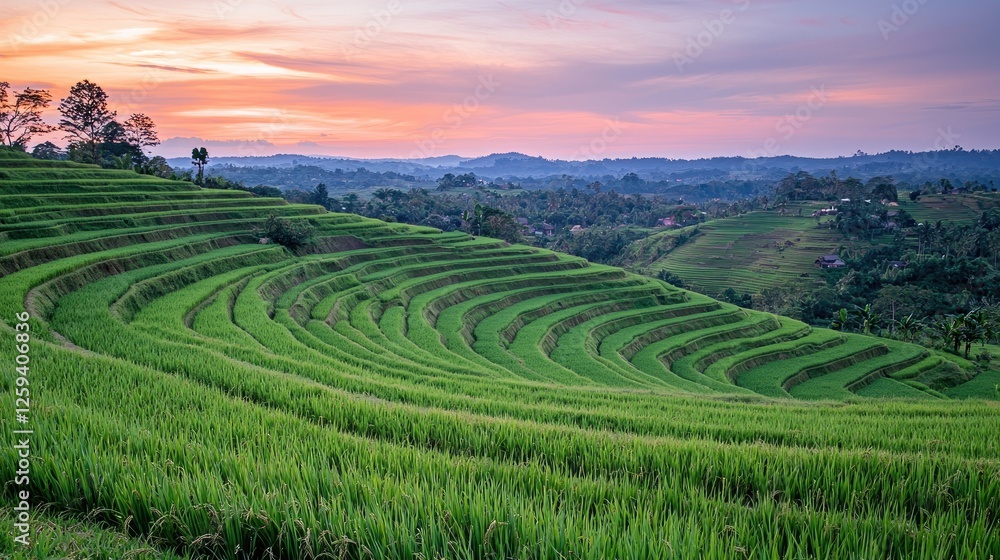 Serene sunset over lush green rice terraces with rolling hills and a tranquil landscape Serene sunset over lush green rice terraces with rolling hills and a tranquil landscape