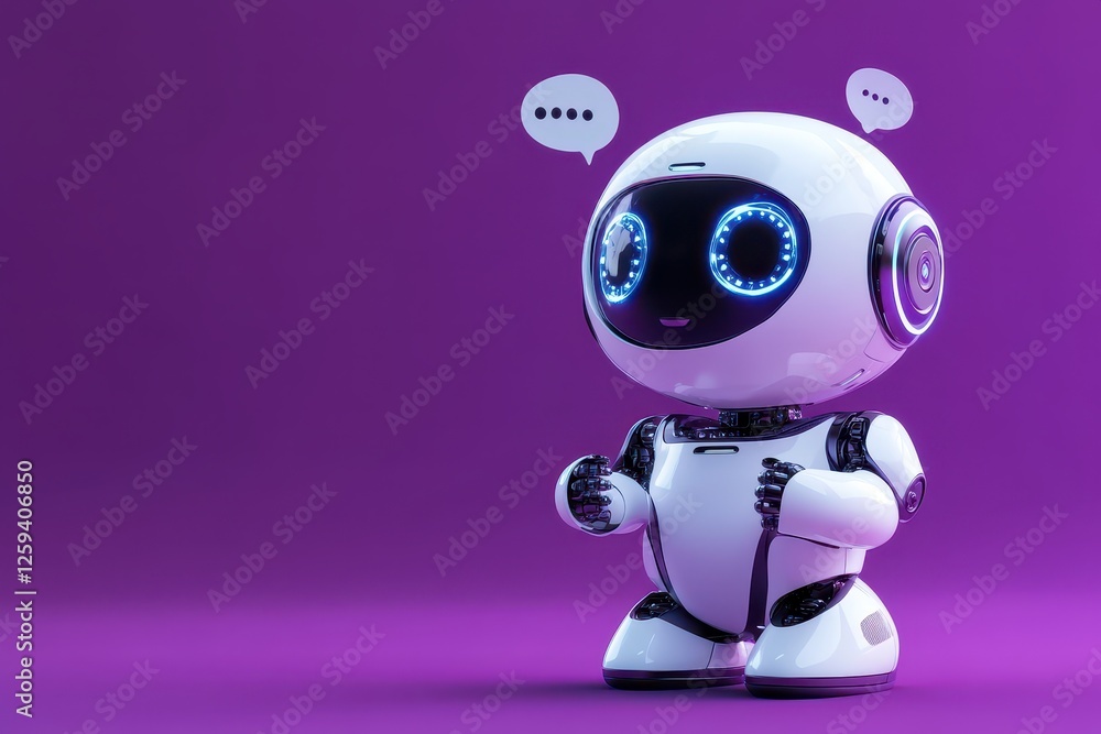 Cute white robot with speech bubbles, standing on purple background. Illustrates AI, chatbot, or customer service concepts. Cute white robot with speech bubbles, standing on purple background. Illustrates AI, chatbot, or customer service concepts.