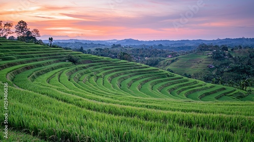 Wallpaper Mural Serene sunset over lush green rice terraces with rolling hills and a tranquil landscape Torontodigital.ca