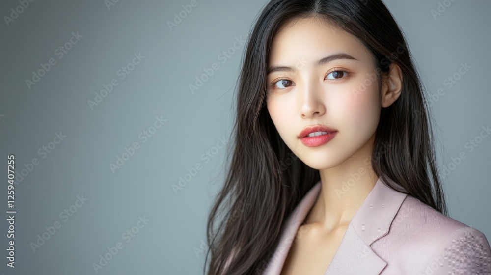 Portrait of a young woman in a soft pink blazer against a neutral background Portrait of a young woman in a soft pink blazer against a neutral background