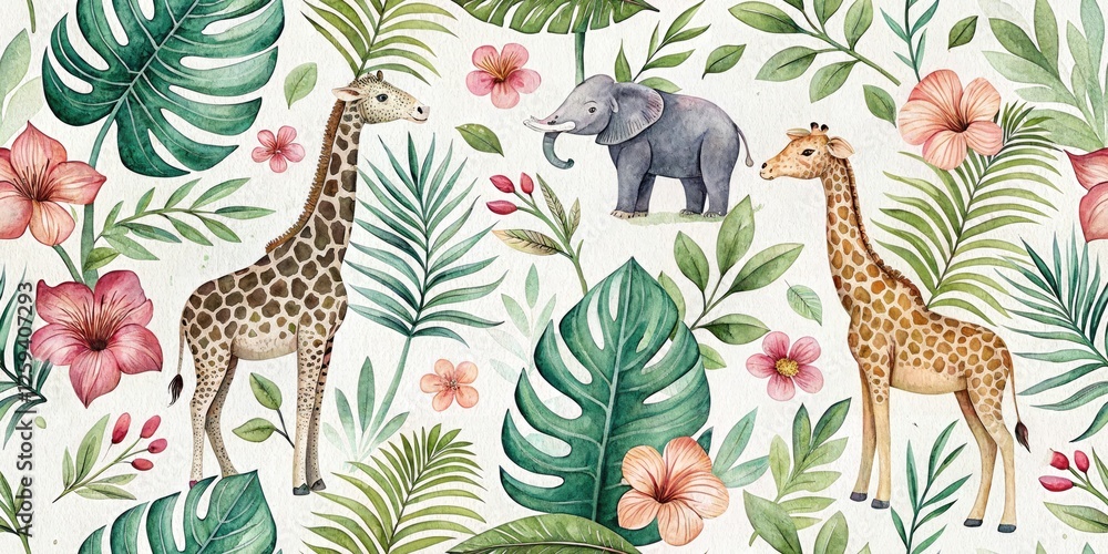 Obraz premium Botanical Watercolor Zoo Animals Fabric Print: Cute Animal Designs for Textile & Home Decor