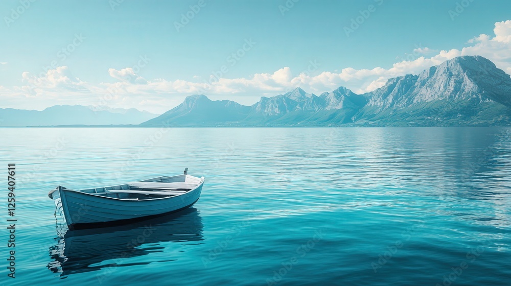 Naklejka premium fishing boat on the still blue sea, with rugged mountains in the distance, offering a serene and calming atmosphere.