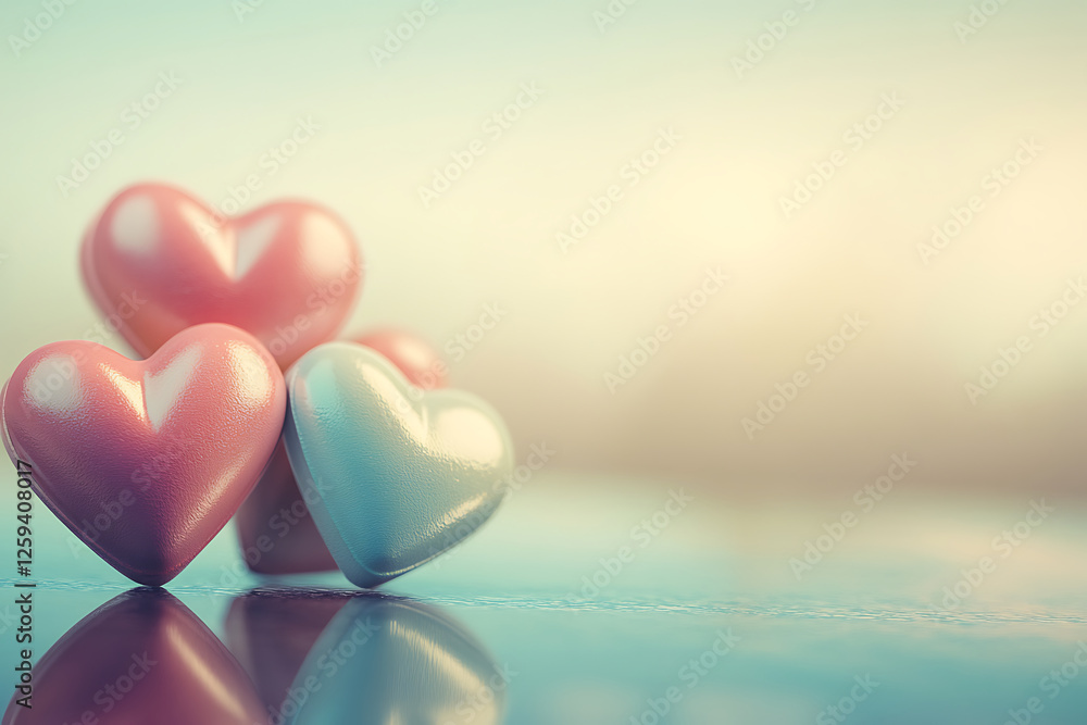 Fototapeta premium Pastel Pink and Blue Shiny Hearts on Reflective Surface