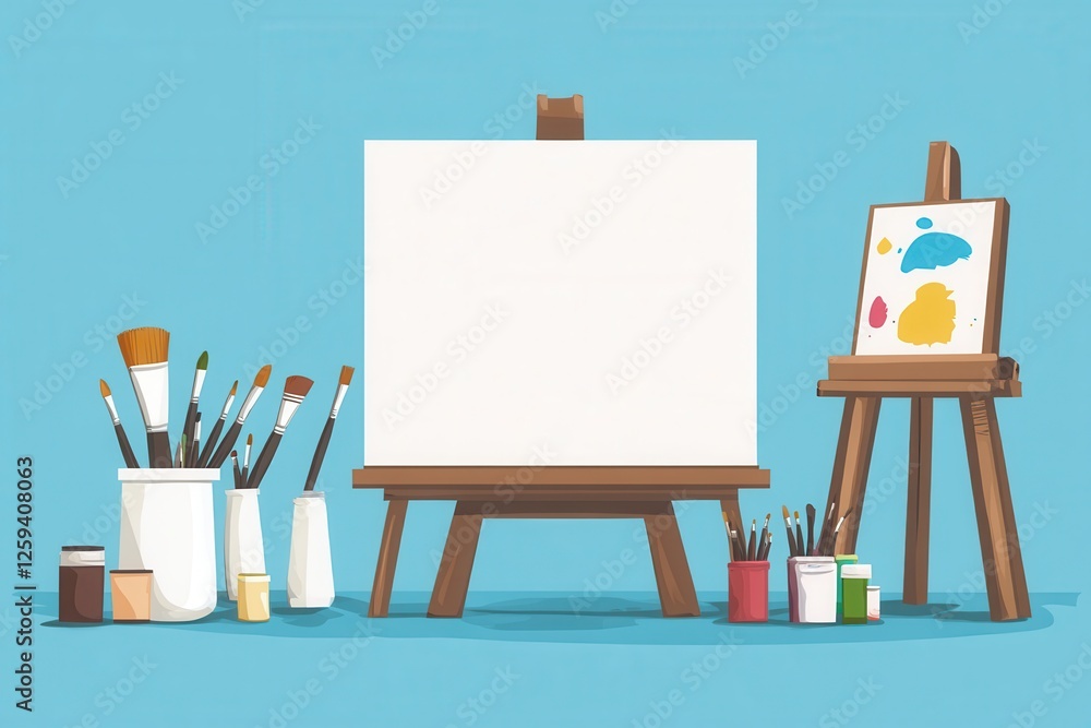 Blank canvas, paintbrushes, and paints on easels. Perfect for illustrating art, creativity, or design projects. Blank canvas, paintbrushes, and paints on easels. Perfect for illustrating art, creativity, or design projects.
