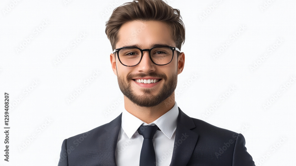 Confident businessman in glasses and a suit on a white background, generative AI Confident businessman in glasses and a suit on a white background, generative AI