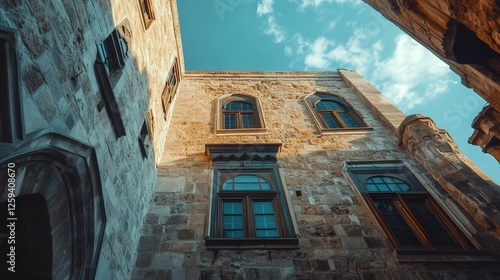 stone walls and windows of a historical building in Konya,