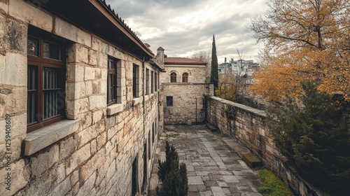 stone walls and windows of a historical building in Konya,
