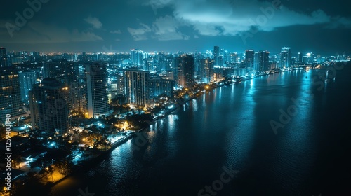 Wallpaper Mural aerial view of a prosperous coastal city at night, with sparkling lights reflecting off the water Torontodigital.ca