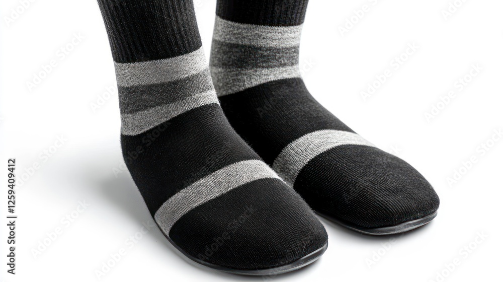 Black socks with gray and white stripes, isolated on a white background, high quality photo Black socks with gray and white stripes, isolated on a white background, high quality photo