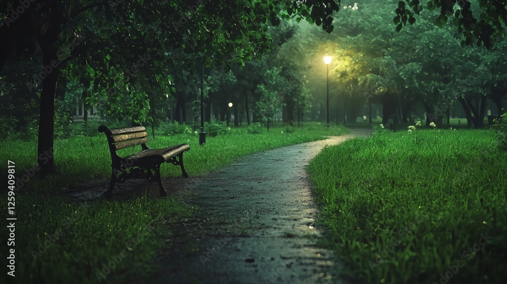 Serene Urban Park at Dawn with Dew-Kissed Grass and Soft Light Serene Urban Park at Dawn with Dew-Kissed Grass and Soft Light