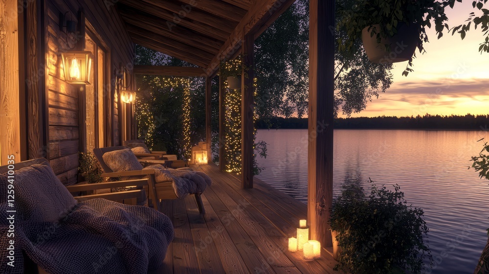 Fototapeta premium Serene Lakeside Cabin Porch at Twilight with Soft Ambient Lighting