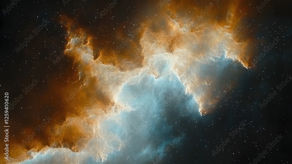 Fototapeta premium Ethereal Cosmic Cloudscape of Golden Light and Celestial Dust Against a Starry Night Sky