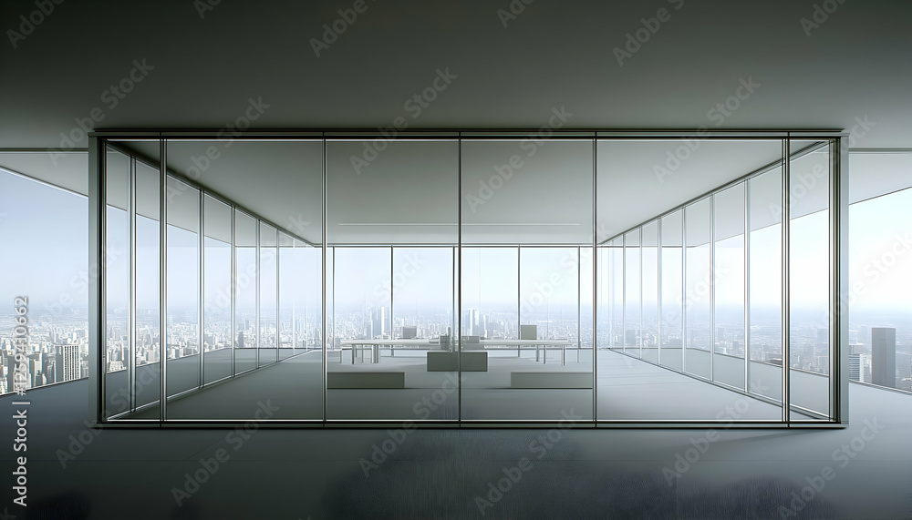 Obraz premium Modern glass office partition wall system showcasing a panoramic city view. Ideal for corporate design, architecture, and interior design projects.