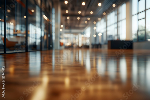 Wallpaper Mural Polished wooden floor reflecting a blurred modern office interior with large windows and glass partitions. Ideal for business, corporate, and real estate themes. Torontodigital.ca