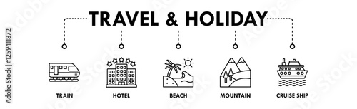 Travel and Holiday banner web icon illustration concept with icon of train, hotel, beach, mountain, and cruise ship