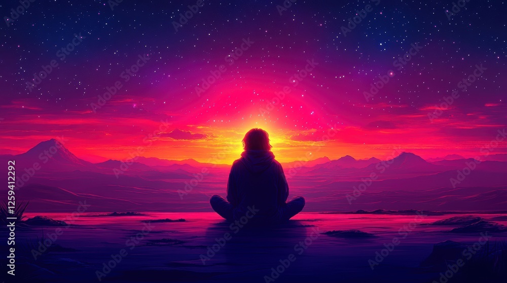 Woman meditating sunrise mountain peace Woman meditating sunrise mountain peace