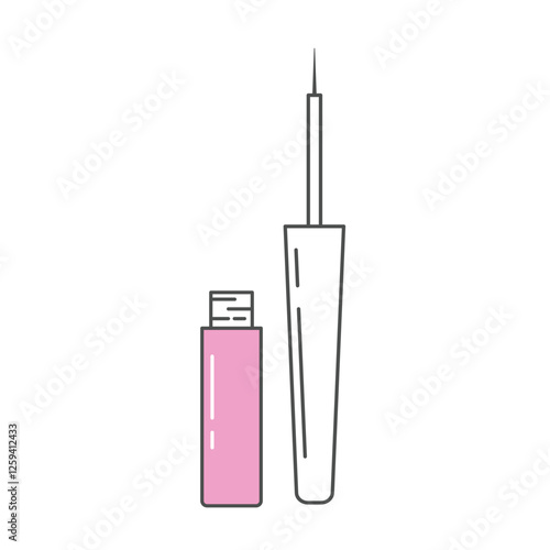 A simple and modern line art illustration of an eyeliner or mascara bottle with an applicator. The design features a pink-colored container, adding a touch of femininity and elegance.