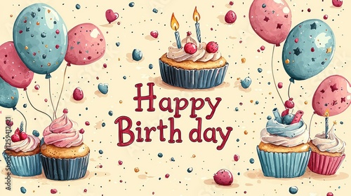 Colorful birthday celebration scene with cupcakes, balloons, and festive decorations