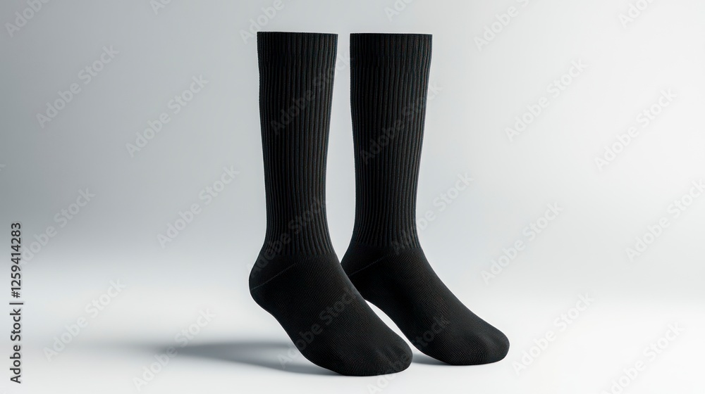 Black solid-color athletic socks mockup, white background, high resolution