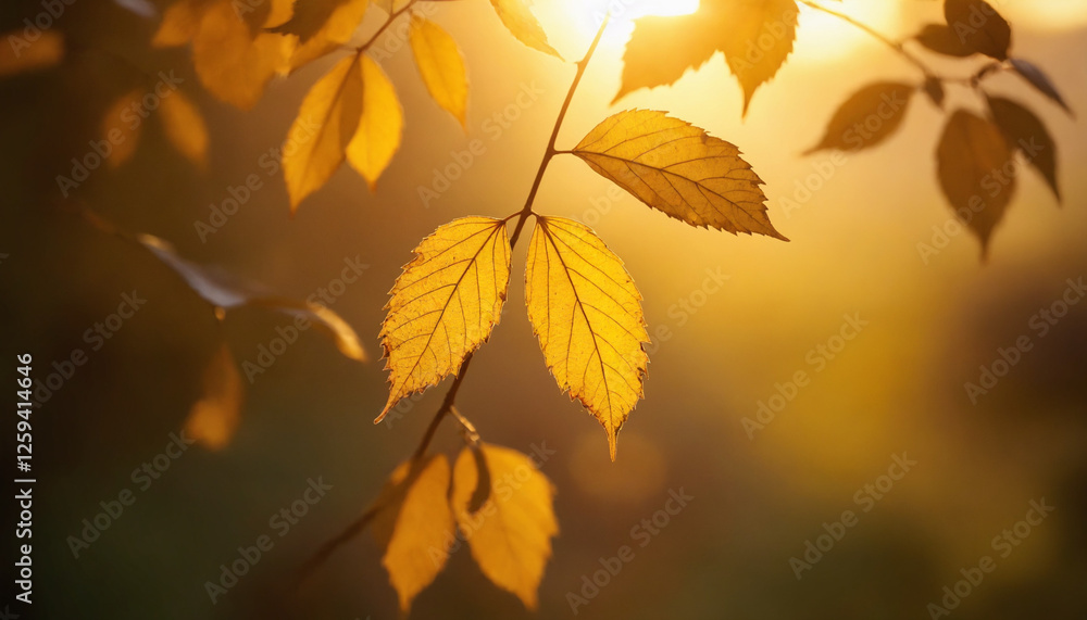 Fototapeta premium Close-up of golden autumn leaves illuminated by soft sunlight
