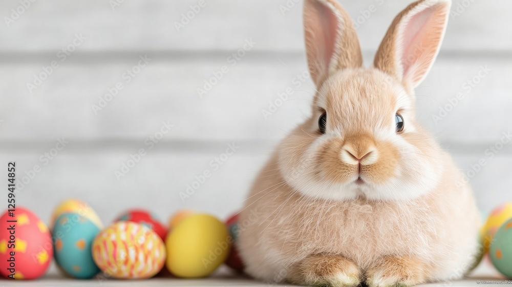 Easter bunny with eggs, wood background, holiday