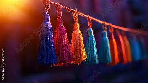 Colorful silk tassels hanging market sunset