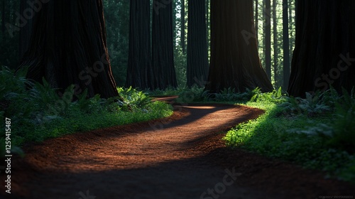 Redwood forest path sunrise, nature trail, sunlight, ferns, tranquility