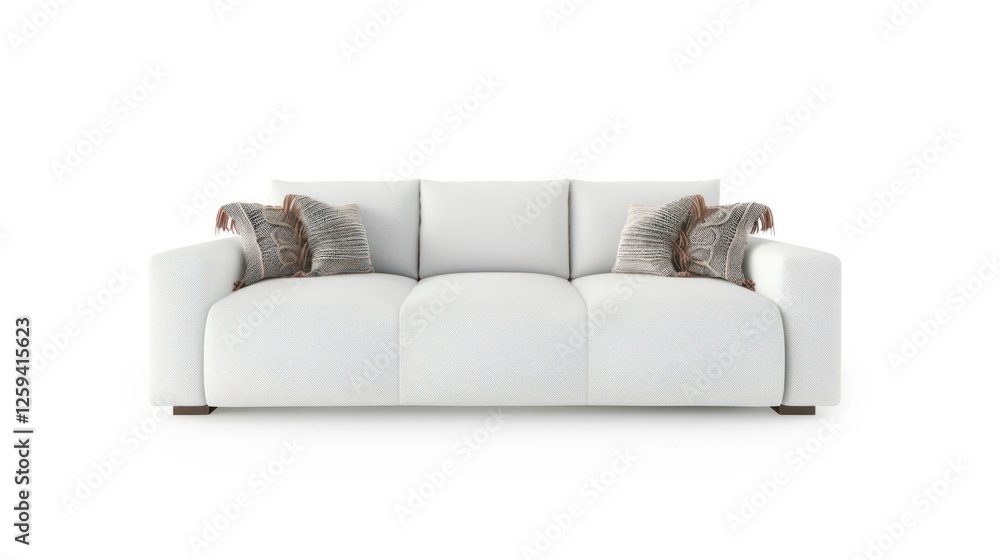 Obraz premium Boho Chic Living Room with White Sofa, Fringed Pillows, and Knitted Blanket