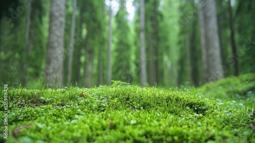 Lush green forest floor, mossy ground, tranquil nature