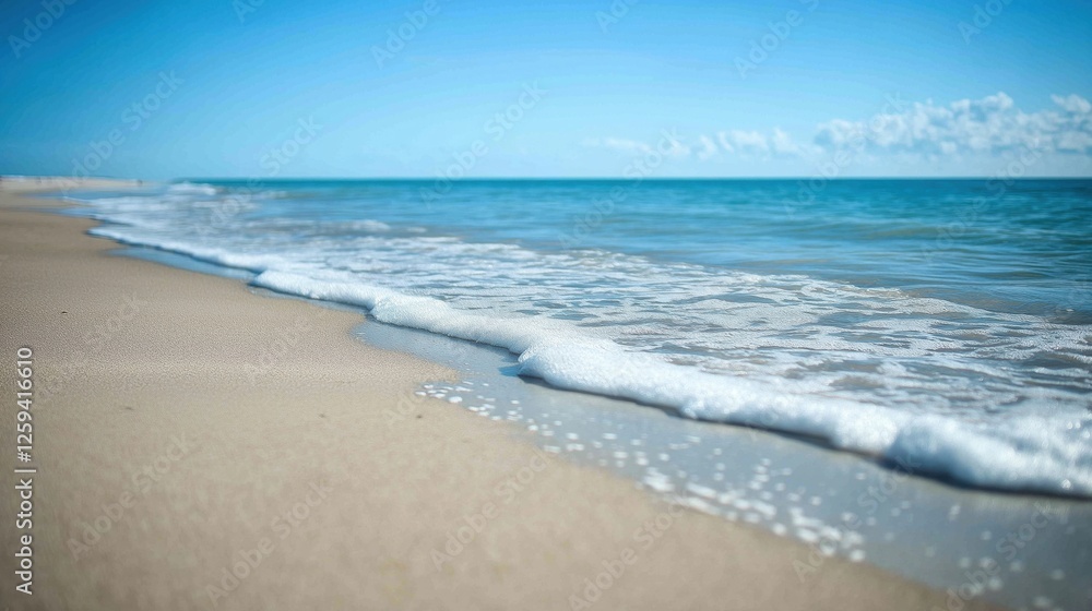 sandy beach with a clear blue sky and the ocean in the background. The sand is light beige in color and has a smooth texture. The ocean is a beautiful turquoise color with small waves sandy beach with a clear blue sky and the ocean in the background. The sand is light beige in color and has a smooth texture. The ocean is a beautiful turquoise color with small waves