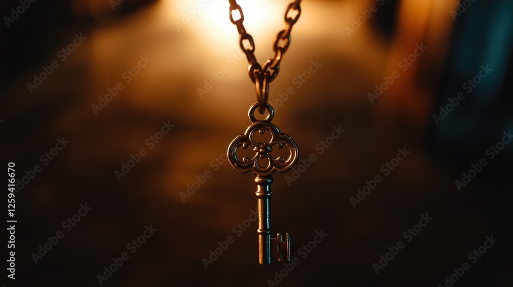 key pendant hanging from a neck, with the close-up view focusing on the pendant fine details and the soft glow of light on the chain key pendant hanging from a neck, with the close-up view focusing on the pendant fine details and the soft glow of light on the chain