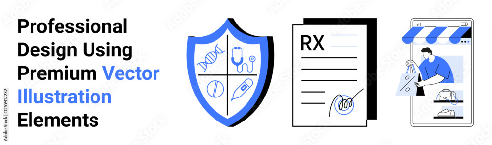 Healthcare shield with medical symbols, prescription form, and online pharmacy concept. Ideal for medical, healthcare, pharmacy, telemedicine, online shopping safety technology. Flat landing page Healthcare shield with medical symbols, prescription form, and online pharmacy concept. Ideal for medical, healthcare, pharmacy, telemedicine, online shopping safety technology. Flat landing page