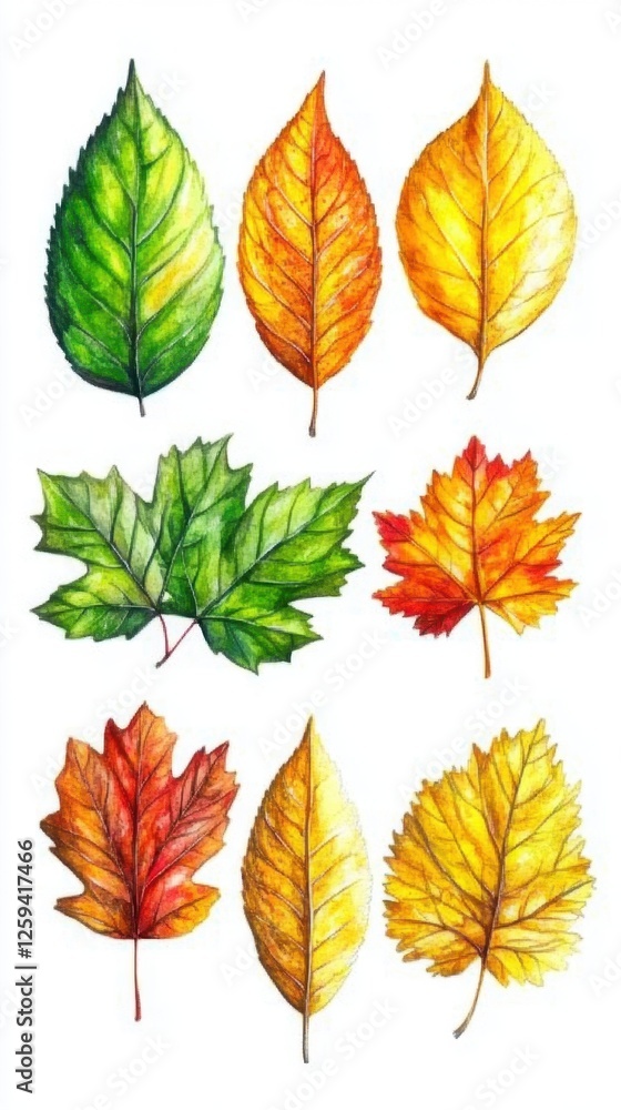Fototapeta premium Illustrations of various leaves in different colors and shapes.