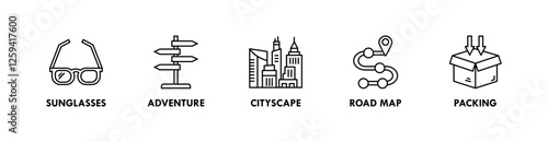 Travel and Holiday banner web icon illustration concept with icon of sunglasses, adventure, cityscape, road map, and packing