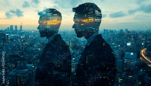 Wallpaper Mural Two businessmen silhouetted against a vibrant cityscape at night, symbolizing ambition, partnership, and urban success. Torontodigital.ca