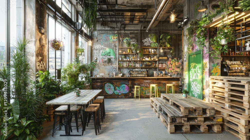 Fototapeta premium Urban Artsy Cafe Interior with Chalkboard and Lush Greenery