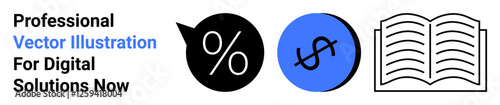 Percentage and dollar icons with an open book representing finance, business, education. Ideal for analytics, economics, e-learning, investment, budgeting, digital finance flat landing page banner
