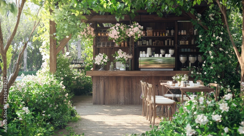 Bright and Airy Coffee Kiosk Surrounded by Lush Greenery Bright and Airy Coffee Kiosk Surrounded by Lush Greenery