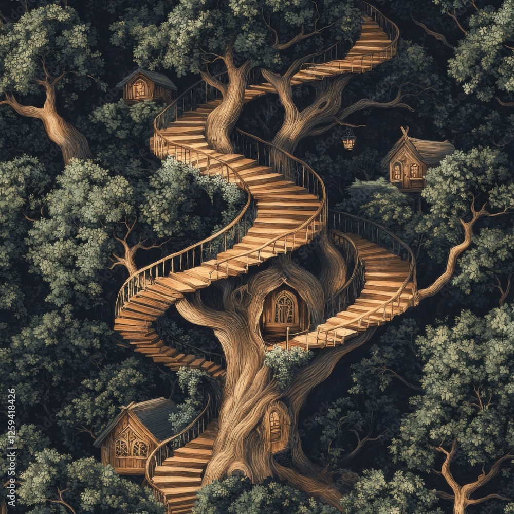 Fototapeta premium Enchanted treehouse with spiral stairs and cozy wooden cottages