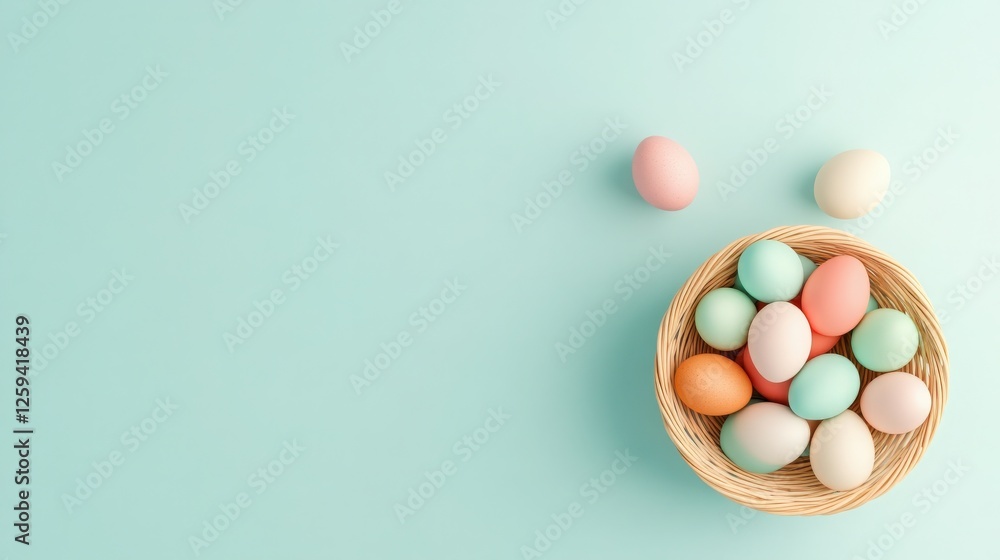 Obraz premium Pastel-colored eggs in a wicker basket on a light blue background. A festive Easter scene.